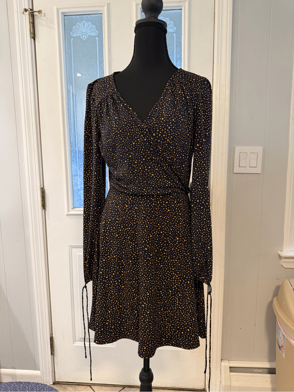 Mango Black Wrap Dress with Mustard Dot Print - Women's Long Sleeve